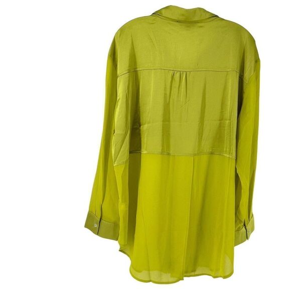 Davi Dani Lime Green Top Long Sleeve Satin Button Up Size 1X Semi Sheer Panel - Picture 2 of 8